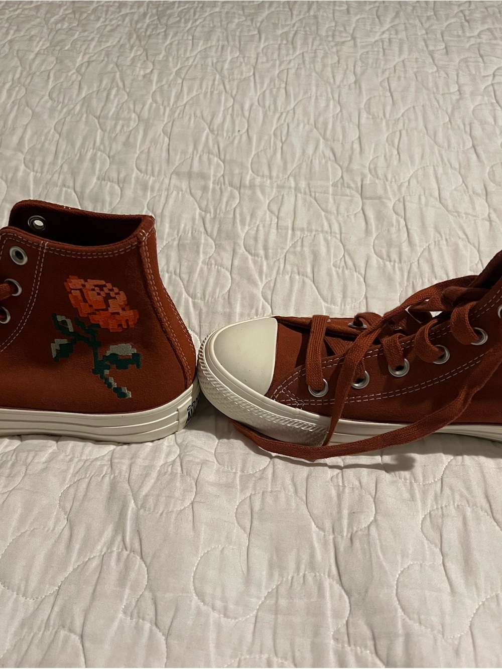 Converse Brown Canvas High-Top Sneakers with Pixel Rose Embroidery